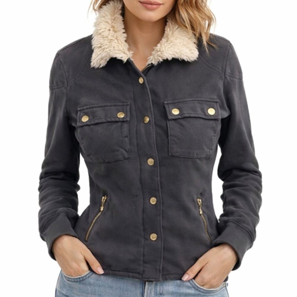 Twisted Heart Jacket Full Zip Faux Fur Lining Coat Pockets Size Small Gray